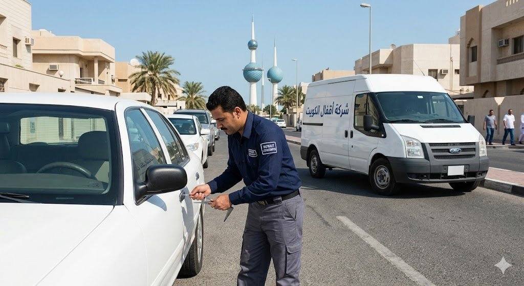 فني متخصص من شركة أقفال يقوم ببرمجة مفتاح سيارة ذكي باستخدام جهاز فحص إلكتروني متقدم في الكويت