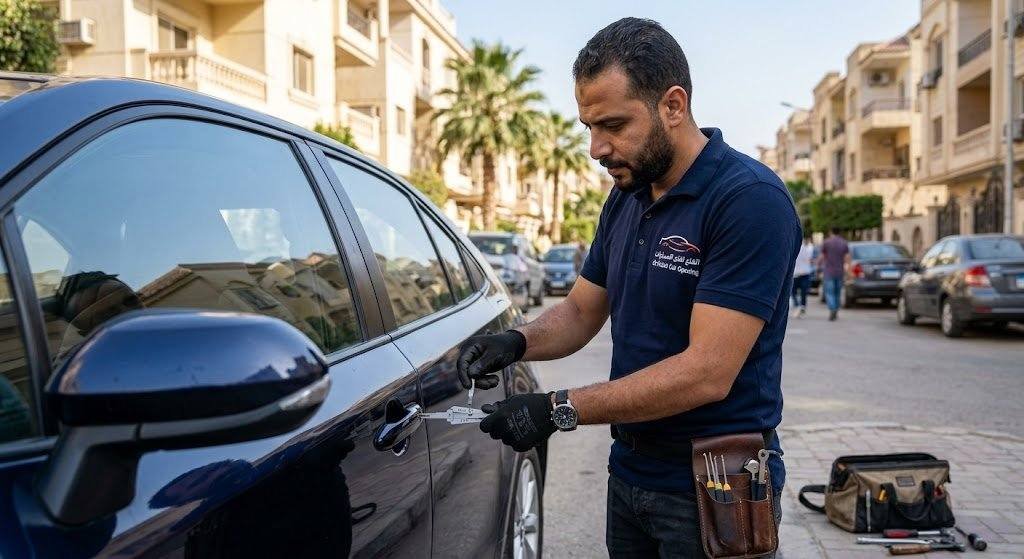سيارة الطوارئ المتنقلة التابعة لشركة أقفال تصل إلى منطقة صحراوية لبرمجة وفتح سيارة مغلقة في الكويت