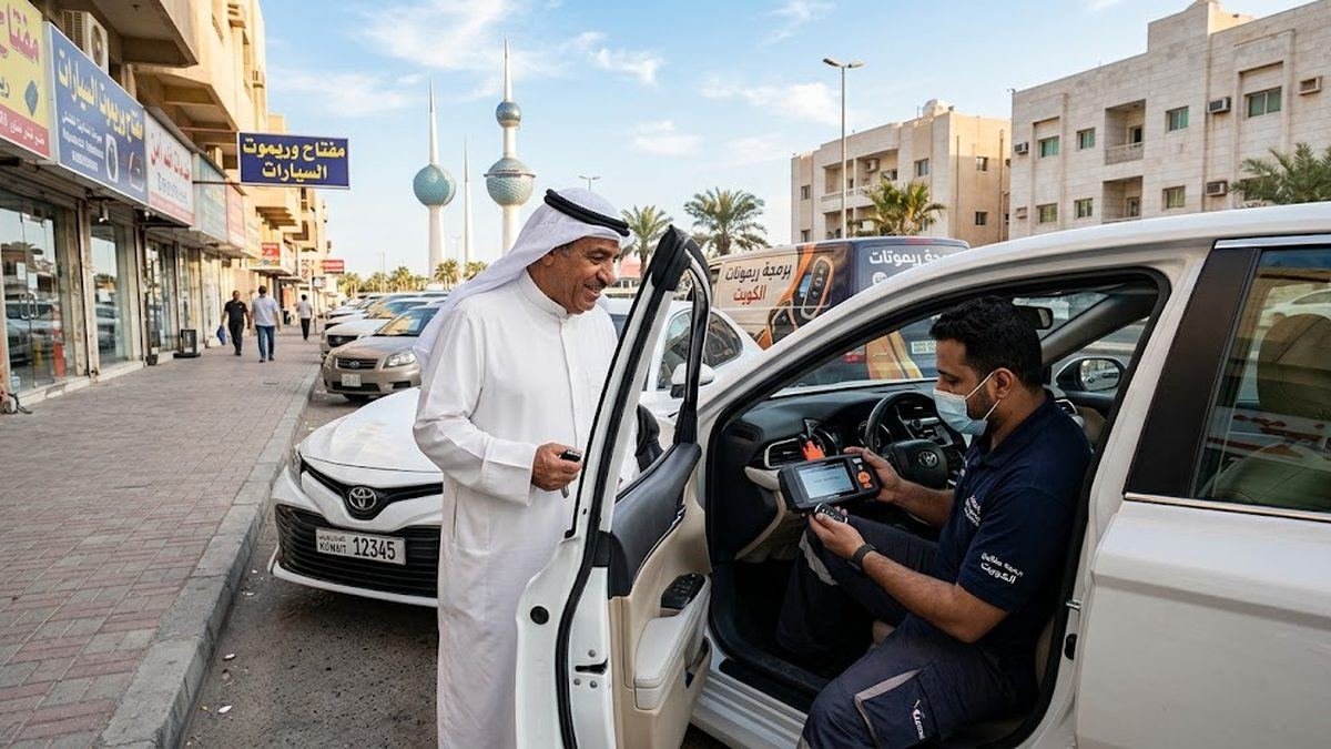 فني يبرمج مفتاح سيارة بجهاز تشخيص موصول بمنفذ OBD داخل السيارة في الكويت