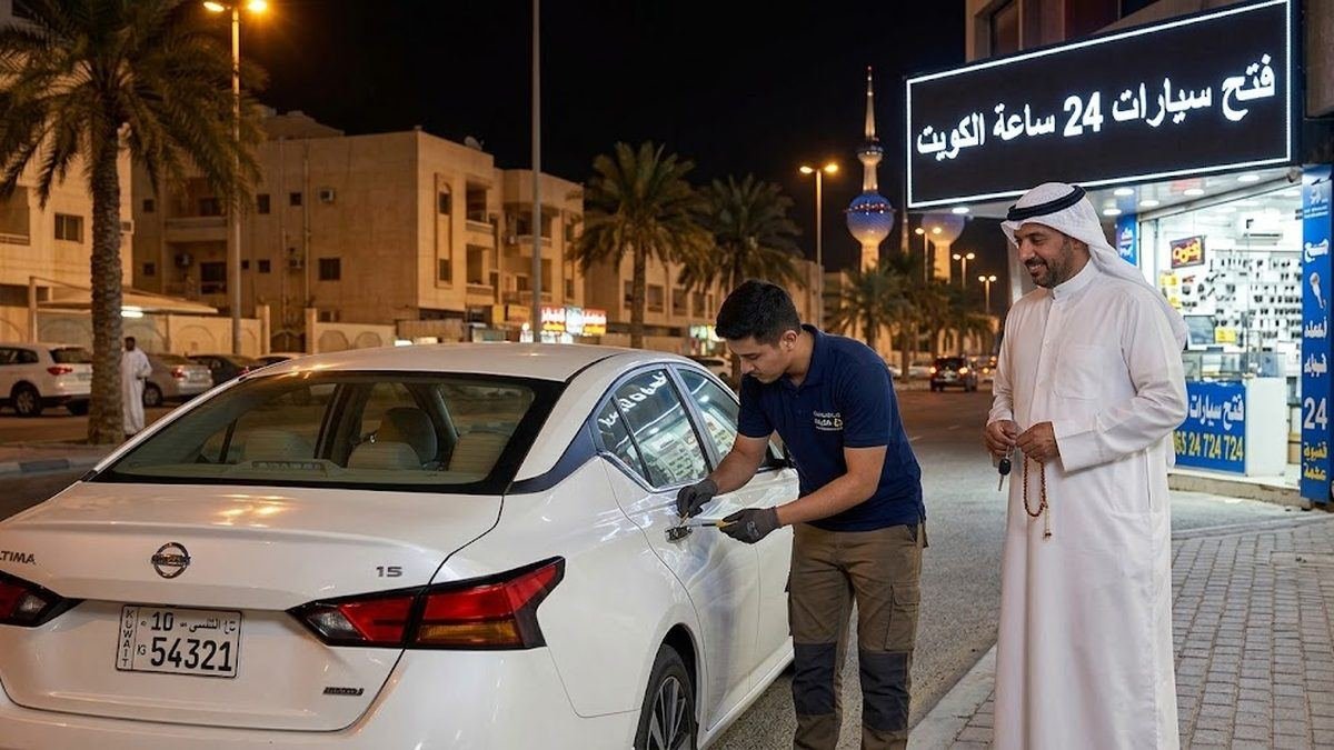 فني فتح سيارات يعمل ليلاً بجانب سيارة في الكويت تحت لافتة خدمة 24 ساعة