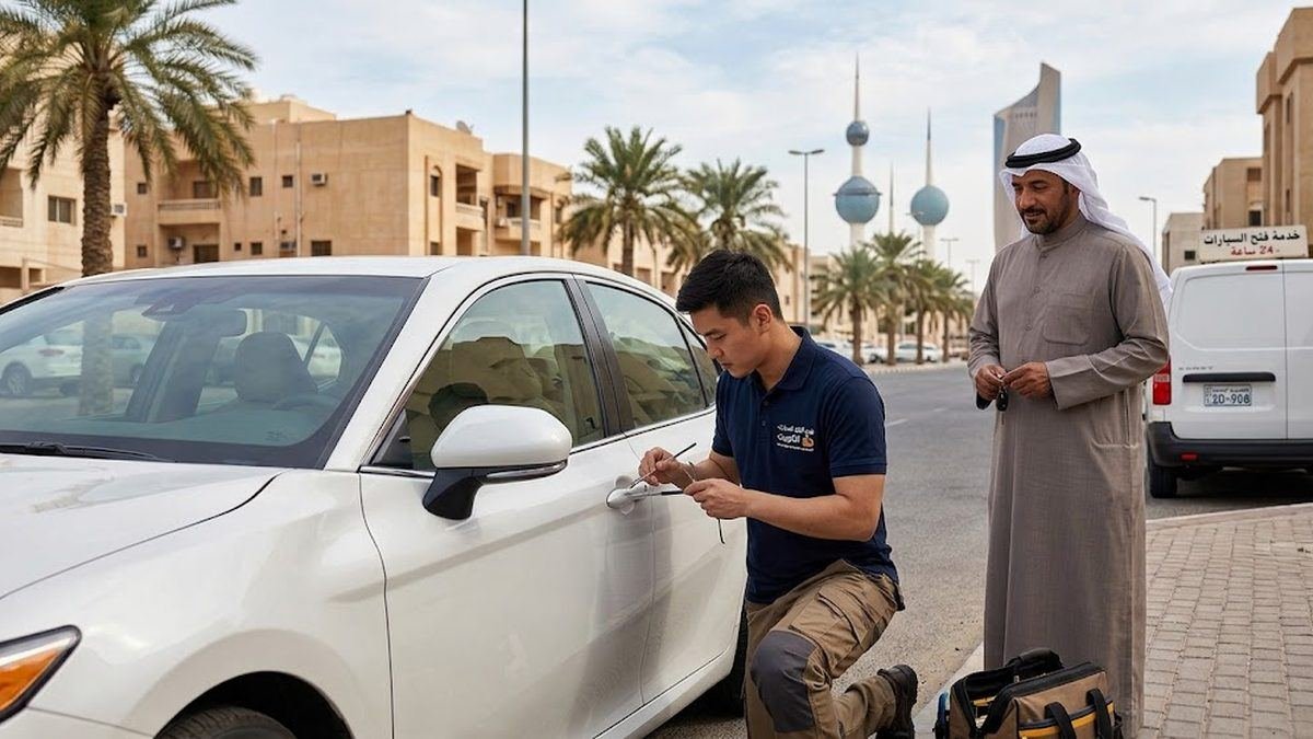 فني فتح سيارات متنقل يعمل على سيارة في أحد شوارع الفروانية بالكويت