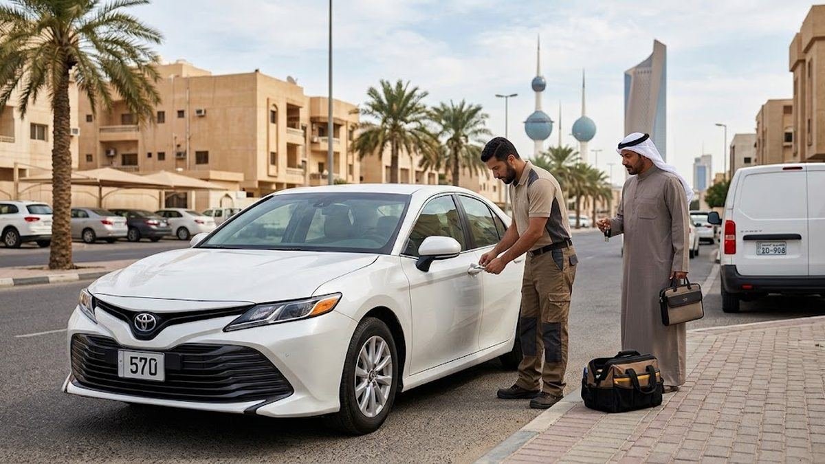 فني فتح سيارات يعمل على باب سيارة في أحد شوارع حولي بالكويت