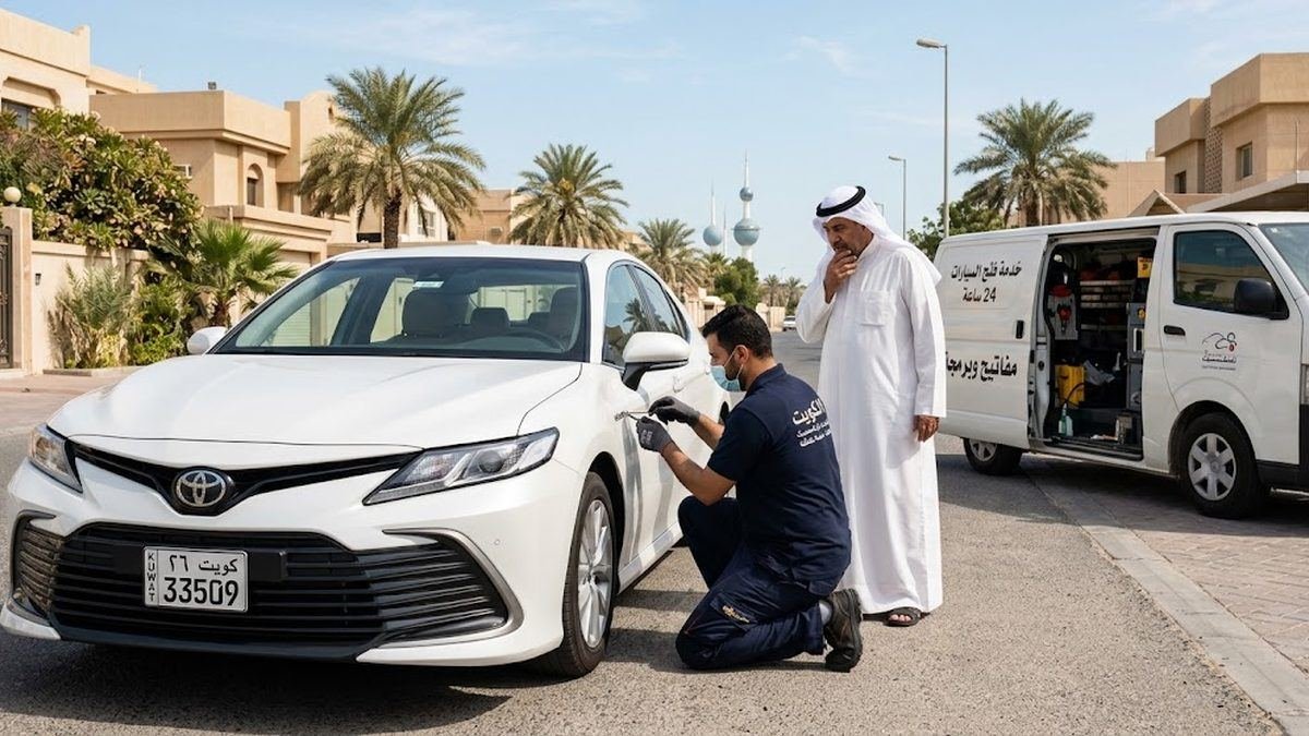 فني دقة الإنجاز أثناء فتح باب سيارة مقفلة بأدوات متخصصة في الكويت