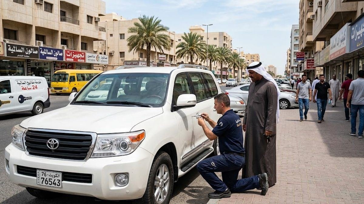 فني فتح سيارات يعمل على سيارة في أحد شوارع السالمية بالكويت