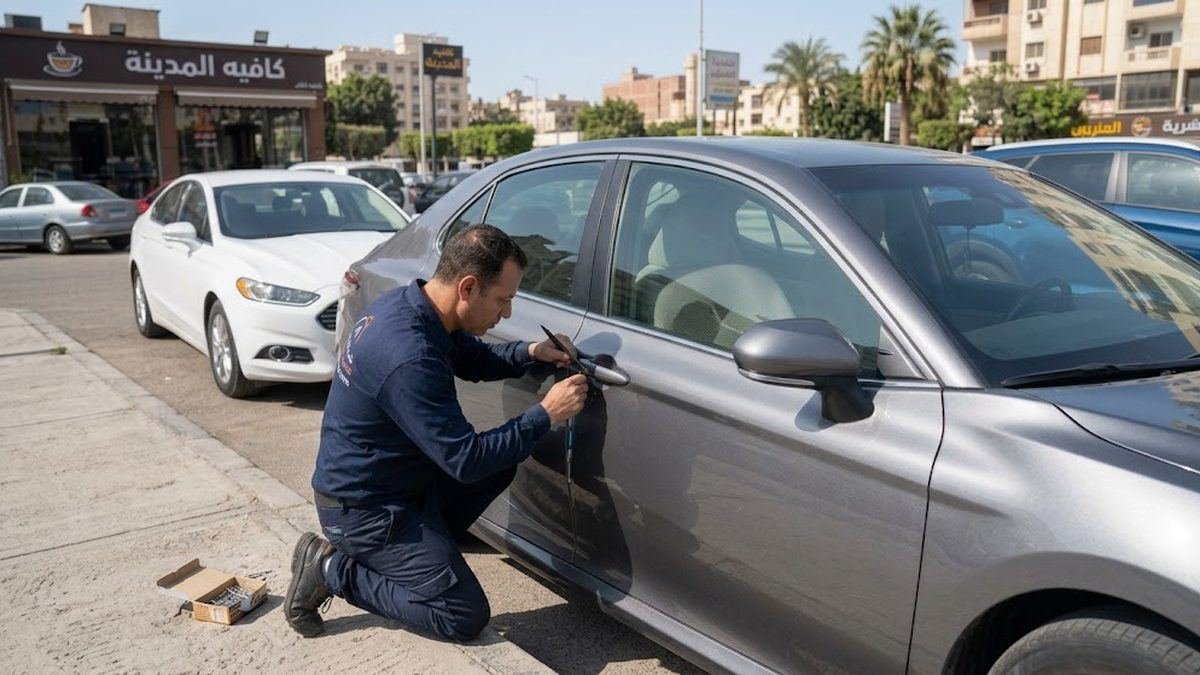 فني يفتح باب سيارة مقفلة والمفتاح بداخلها بأدوات متخصصة في الكويت