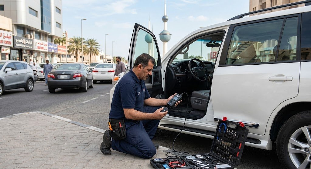 فني طوارئ محترف يقوم بفتح باب سيارة رياضية حديثة مقفلة في منطقة هدية بالكويت باستخدام وسادة هوائية دقيقة لضمان عدم خدش الطلاء