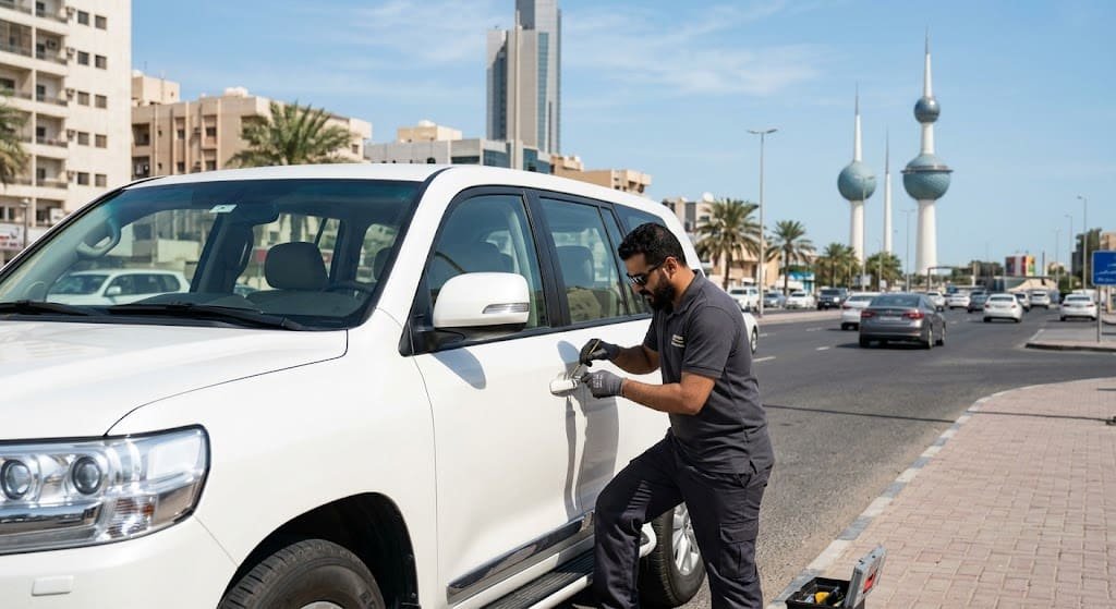 فني متخصص يستخدم أجهزة حاسوبية حديثة لبرمجة ريموت بصمة ضمن أعمال اعادة برمجة ريموت السيارة بالكويت لضمان عمل المفتاح بكفاءة وتوفير أعلى درجات الأمان للمركبة