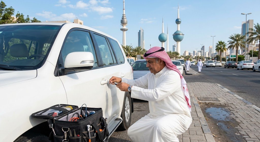 فني محترف يستخدم أدوات متطورة وبرمجيات حديثة لفتح أبواب المركبة بأمان تام ضمن أعمال فتح سيارات مقفلة بالصالحية الكويت لضمان استعادة الوصول للسيارة دون إحداث أي خدوش