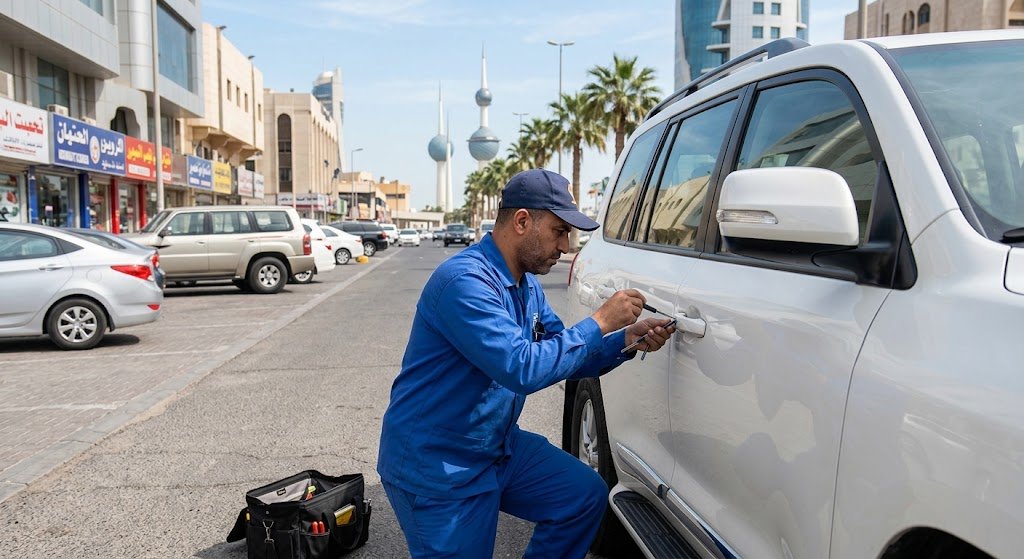 فني متخصص يقوم بفتح أبواب السيارات المغلقة بأمان ضمن خدمات فتح سيارات السلام بالكويت