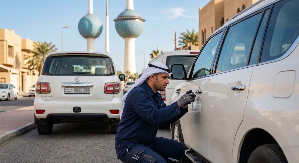 فني متخصص يقوم بفتح أبواب السيارات المغلقة بأمان ضمن خدمات فتح سيارات الشعب بالكويت